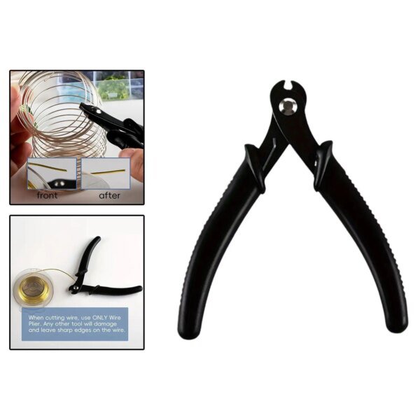 A pair of black wire cutting pliers is displayed in the centre, with images showing a spool of wire, and the text highlights the difference between cutting with the tool versus without it.