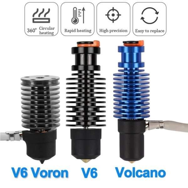 Image of three 3D printer hotends: V6 Voron in black, V6 in black, and Volcano in blue, displayed side by side. Above them are icons indicating features like circular heating, rapid heating, high precision, and easy replacement.