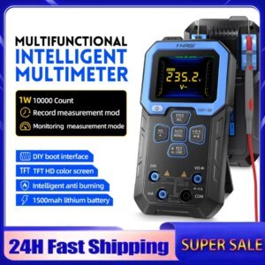 A multifunctional intelligent multimeter with a digital display showing a voltage reading (235.2V), featuring various buttons and ports, highlighted specifications, and a modern design suitable for electrical measurements.