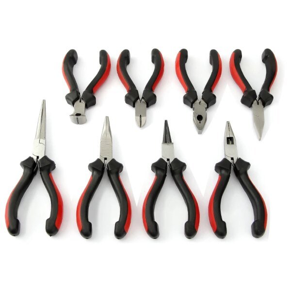 A collection of eight pairs of pliers arranged in two rows, featuring various types including needle-nose, cutting, and combination pliers, all with black and red rubberised handles.
