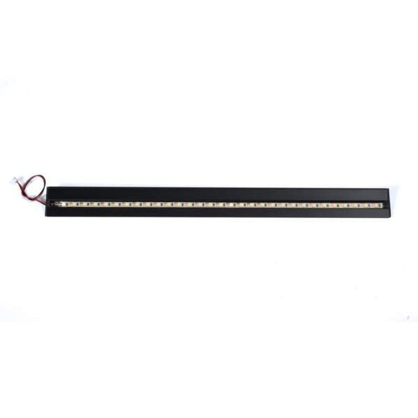 A long, narrow LED light strip housed in a black casing with one end featuring exposed wires. The strip has multiple coloured lights visible along its length.