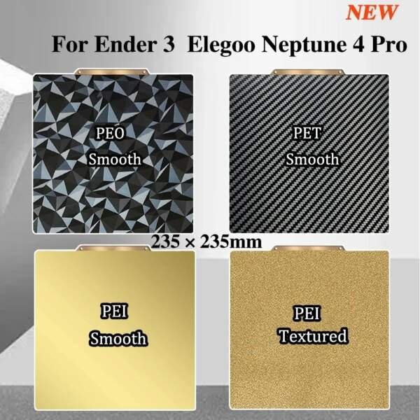 A promotional image displaying four different build plates for 3D printers, featuring PEO, PET, and two types of PEI surfaces, all sized 235 x 235mm, with labels indicating their smooth or textured finishes.